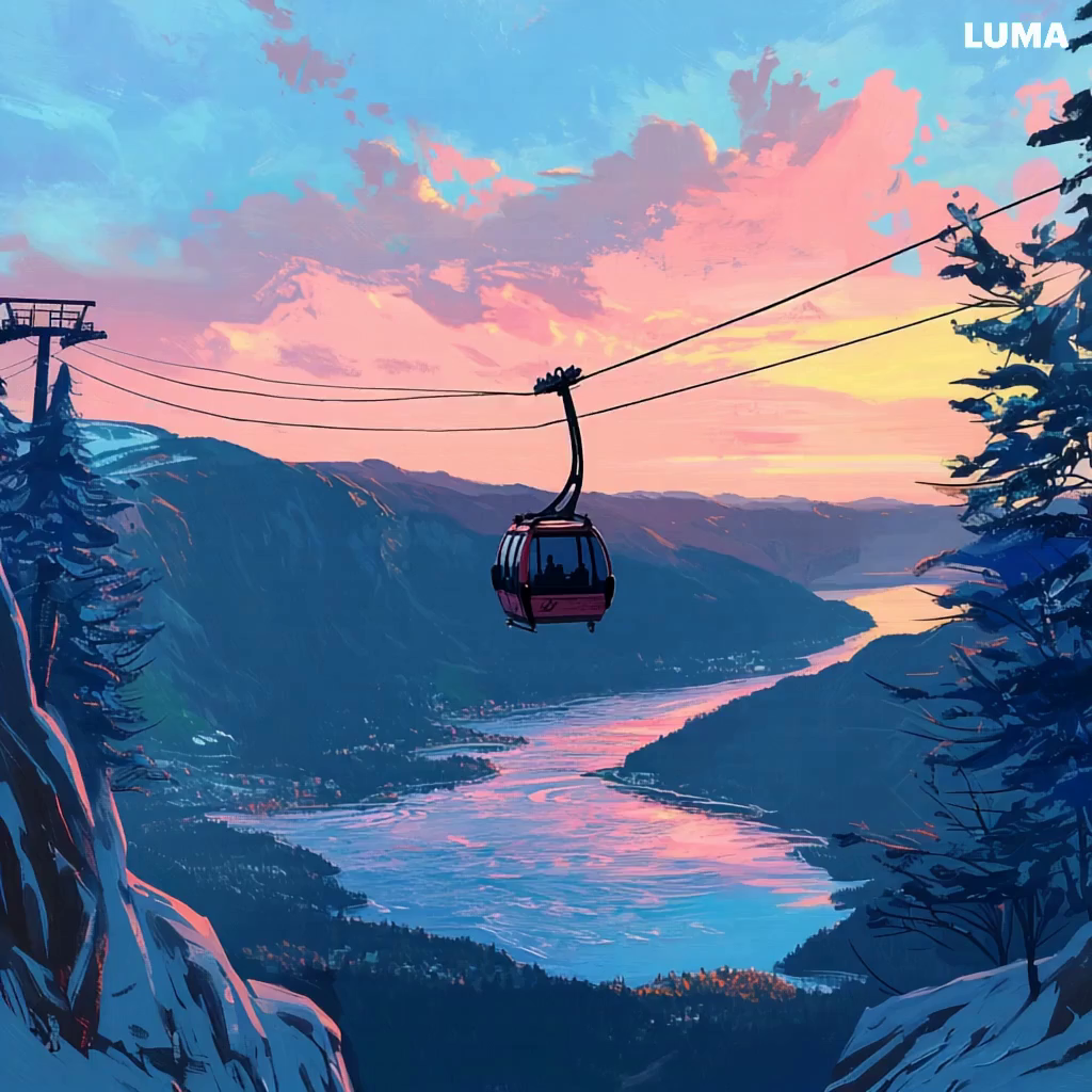 a red gondola lift in a mountainous region, with a beautiful sunset in the background